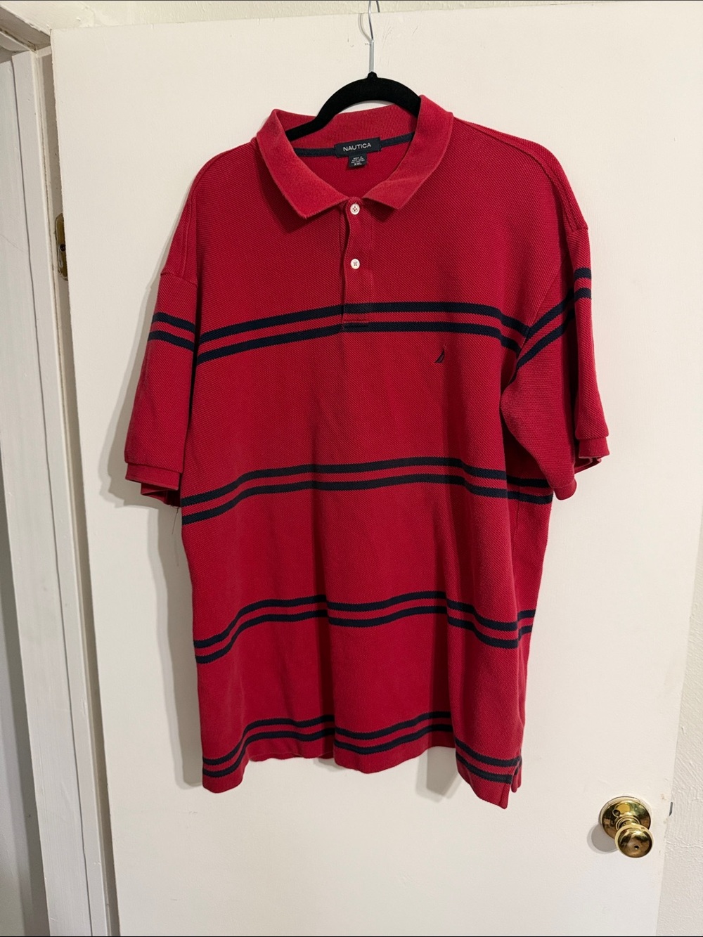 Nautica Red Polo with Navy Horizontal Stripes